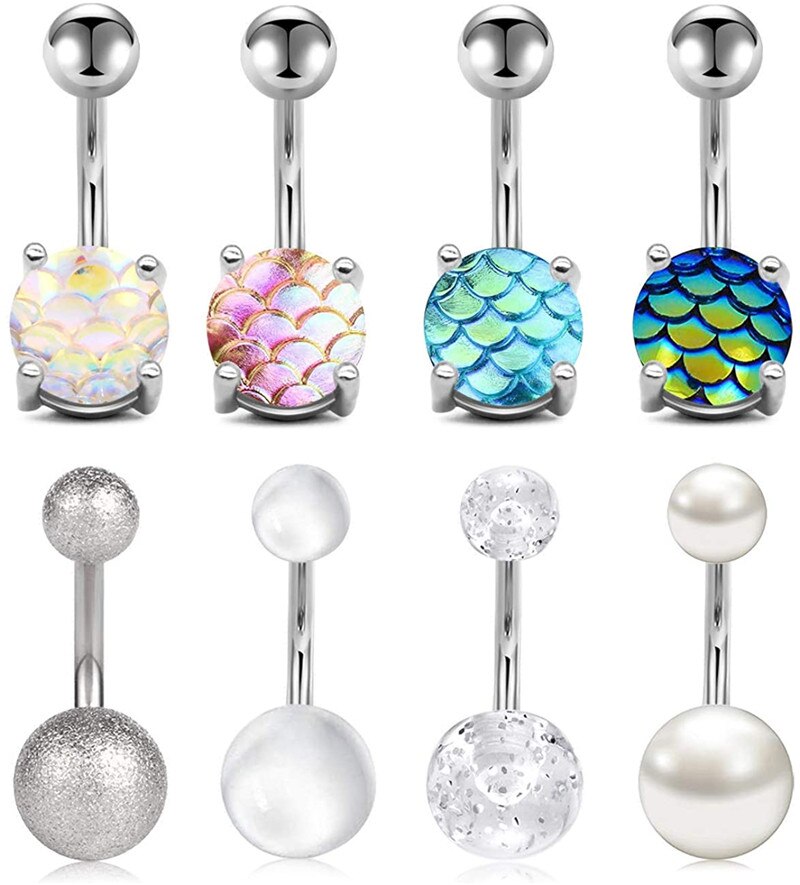 8 Pcs 14G Stainless Steel Belly Button Rings Rhines..